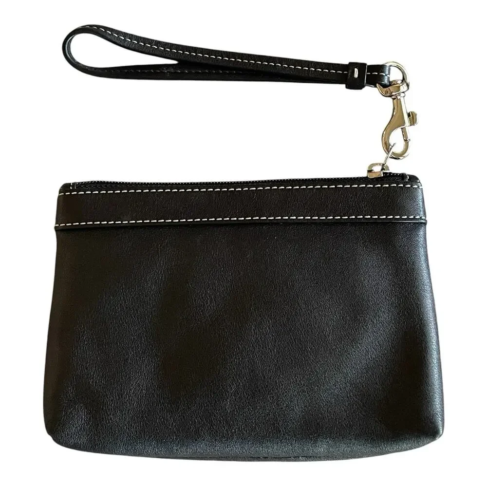COACH Small Black Soft Pleated Leather Silver Logo Top Zip Clutch Wristlet